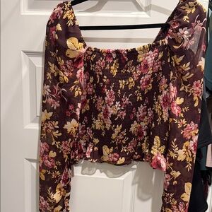 Express Floral Smocked Blouse - Brown and Pink